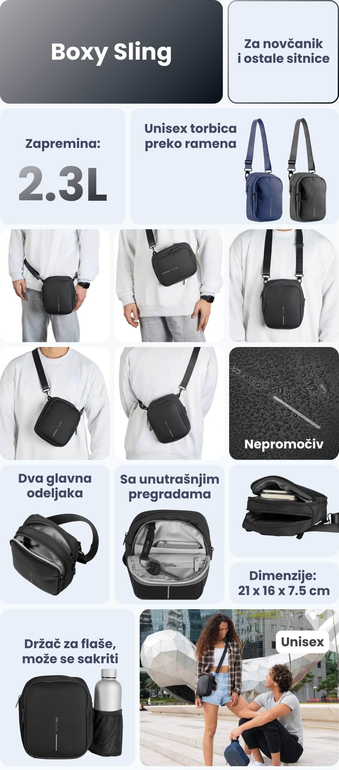 Boxy Sling torbica preko jednog ramena karakteristike